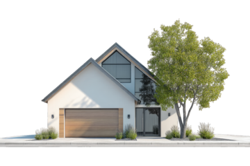 Modern suburban house with attached garage and front yard isolated