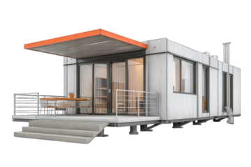Prefabricated modular home with a concrete exterior and orange canopy