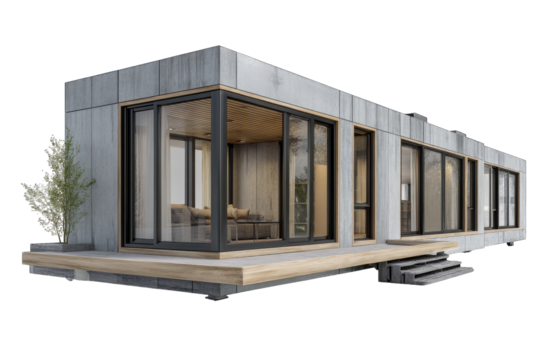 Modern modular prefabricated house with a stylish compact design on black background