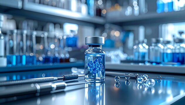 Vaccine vial  medical tools in a sterile lab with concept for healthcare  research.