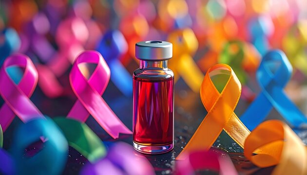 Vaccine Vial with Colorful Awareness Ribbons Cancer Cure with Healthcare, and Treatment.