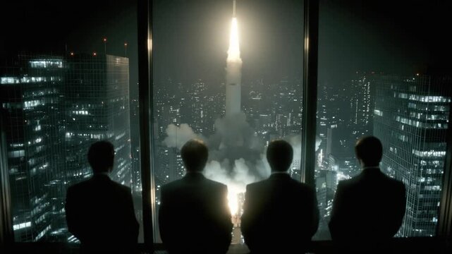 Four figures observe a rocket launch from a skyscraper window, city lights below