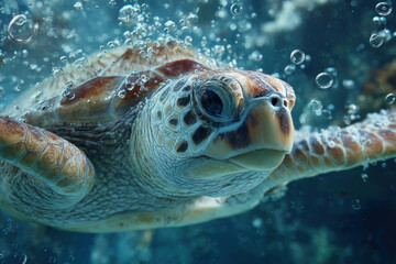 A sea turtle swims underwater surrounded by air bubbles.