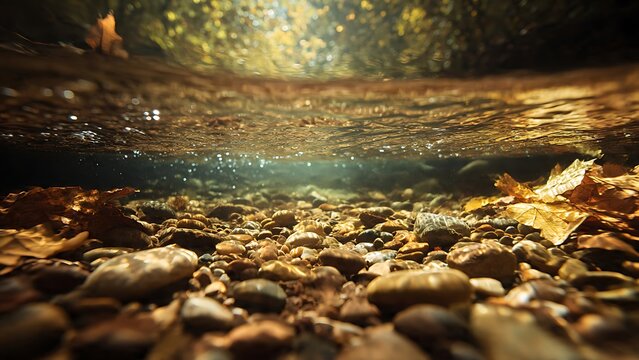 Underwater view of a clear riverbed with rocks and fallen leaves sunlight filtering through the water surface.