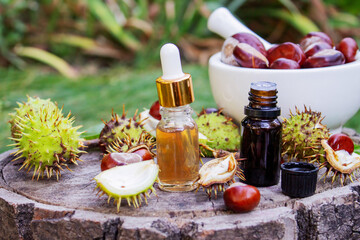 Horse chestnut, extract oil bottle. Medicinal use for veins and vascular health