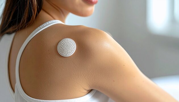 Womans shoulder with a health monitor device with tracking wellness, and modern healthcare.