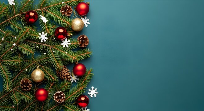 Christmas border of fir branches, baubles, pine cones, snowflakes on teal background, evoking festive spirit - Powered by Adobe