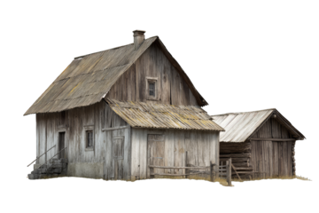 Old Weathered Wooden Farmhouse and Barn with Rustic Design Isolated