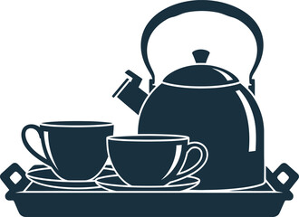 Obraz premium Silhouette Of Tea Set With Kettle And Two Cups On A Tray Keywords: tea set, kettle, cups, saucers, tray