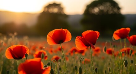 Obraz premium Vibrant red poppies illuminated by the warm, golden light of a serene sunset, creating a tranquil and picturesque natural landscape scene in the field