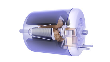 DC Electric Motor - Transparent Housing. Inside Parts - Rotor, Windings, bearings, brushes, shaft....
