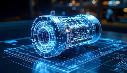 3D Holographic Blueprint of Turbine Engine with Futuristic Tech Visualization.