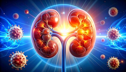 3D Render of Kidney Anatomy with Immune Cells  Energetic Background.