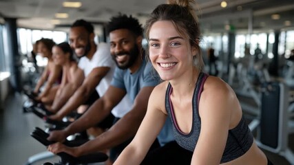 Group of fit individuals engaged in a lively exercise bike session at a modern gym during morning hours - Powered by Adobe
