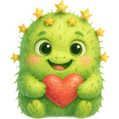 Green cactus monster - Green cactus Watercolor Clipart, Funny Green cactus monster png, Cute Kawaii monster, Transparent Image for Party 
