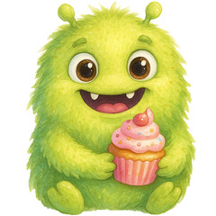 Happy lime green monster - green Watercolor Clipart, Funny green monster png, Cute Kawaii monster, Transparent Image for Party 
