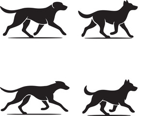 Variety of dog breed silhouettes — Labrador, Poodle, Bulldog, Beagle — in fun poses, monochrome set