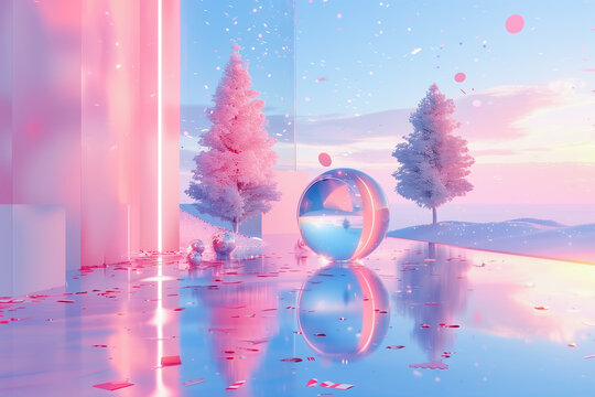 Ethereal pastel winter wonderland with glowing trees and sphere