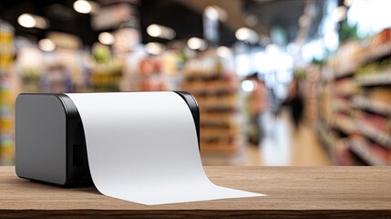 Printer with blank receipt roll atop wood, blurred supermarket