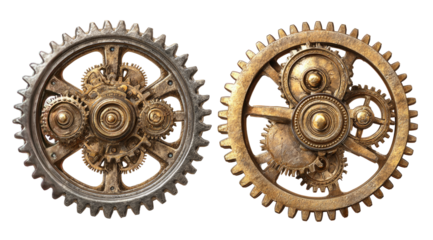 Two intricate gears, brass and aged bronze, interconnected