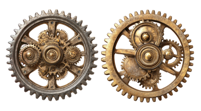 Two intricate gears, brass and aged bronze, interconnected