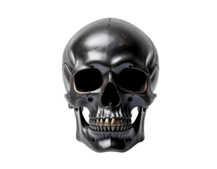 Polished Black Skull Sculpture with Metallic Accents on a Stark Black Background Museum Lighting