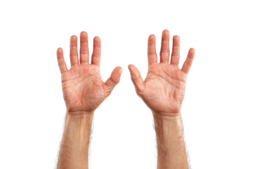 Two raised open palms reaching up on a dark background.