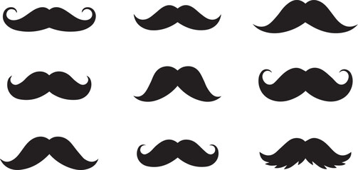 Collection of nine distinct black mustache styles displayed in a three by three grid against a clean white background for graphic design