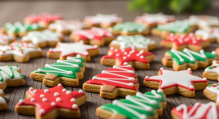 Vibrant assortment of homemade holiday sugar cookies decorated with colorful red, white, and green icing in festive Christmas tree and star shapes