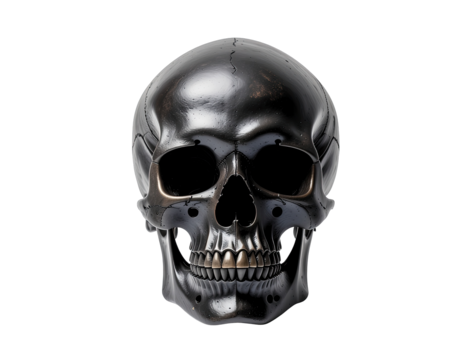 Polished Black Skull Sculpture with Metallic Accents on a Stark Black Background Museum Lighting