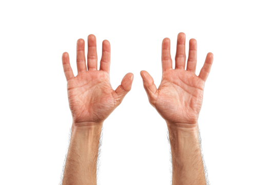 Two raised open palms reaching up on a dark background. - Powered by Adobe