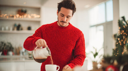 Young man wearing bright red knitted sweater is pouring coffee from pot into mug in modern sunlit kitchen with Christmas lights. Cheerful cozy holiday morning routine and winter lifestyle
