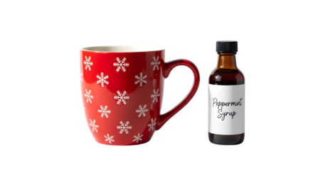 Red snowflake mug with peppermint syrup bottle isolated on transparent background, creating a festive and seasonal beverage concept for winter holidays