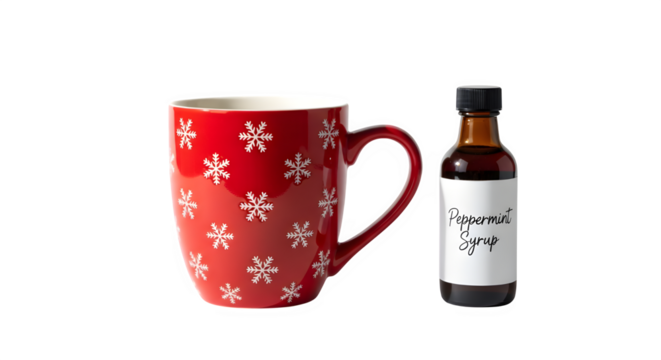 Red snowflake mug with peppermint syrup bottle isolated on transparent background, creating a festive and seasonal beverage concept for winter holidays