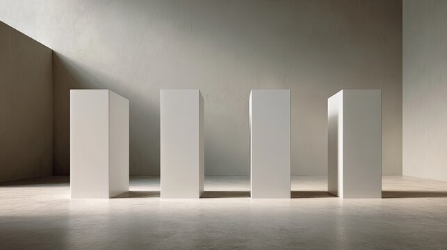 Four white pillars sit in a light-filled, minimalist room