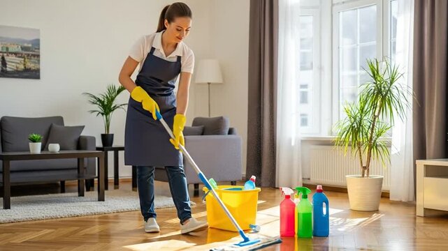 Woman housekeeper mops floor with cleaning supplies at home, professional clean