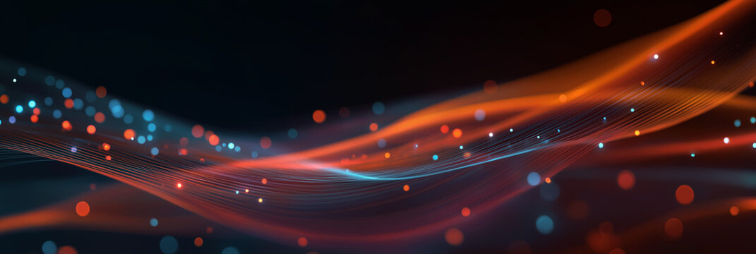 abstract background with digital waves and glowing dots in blue, purple, and red colors. abstract wave of light particles with a bokeh effect on a dark black backdrop. technology concept for banner de - Powered by Adobe
