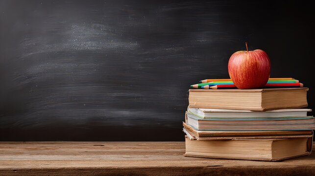 Stack of Books with Red Apple on Rustic Wooden Table Against Dark Blackboard Back to School Still Life