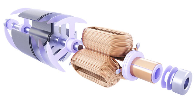 Exploded View DC Motor Rotor. Complete Disassembly. Parts - Rotor Core, Copper Winding, commutator, shaft, brushes. plastic washers. 3D rendering isolated on white background. Ideal for professionals