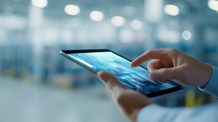 Warehouse worker utilizes augmented reality interface on tablet modern technology concept