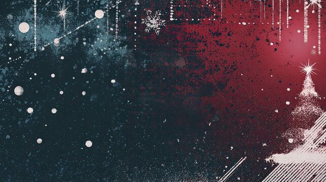 Abstract dark Christmas background in red and blue with heavy grunge texture, featuring a stark white outline of Christmas tree, and scattered snow effects. Grunge Christmas background, holiday poster - Powered by Adobe