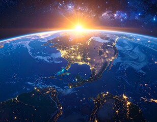 Illuminated Earth at dawn, showing continents and the starry night