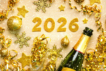 Bottle of champagne with crystal glasses,golden christmas balls,golden stars and 2026 in golden...