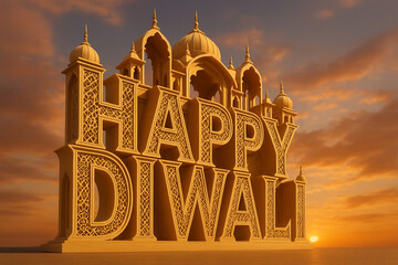 Golden 3D Happy Diwali with Temple at Sunset