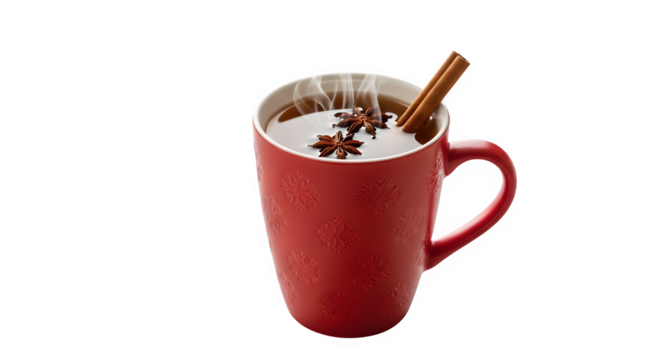 Aromatic mulled wine in a red mug isolated on transparent background, infused with cinnamon and star anise for a cozy winter drink