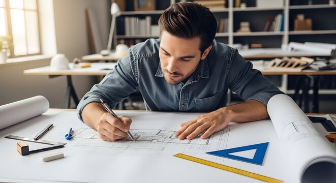 Young male architect working on technical drawings at a desk in an office environment with blueprints and drafting tools around him