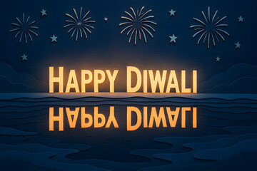 Happy Diwali on Water with Fireworks Reflection