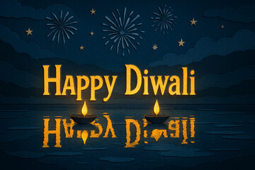 Happy Diwali Reflection at Night Sea with Fireworks