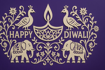 Happy Diwali folk art greeting with peacocks, elephants and diya on purple background
