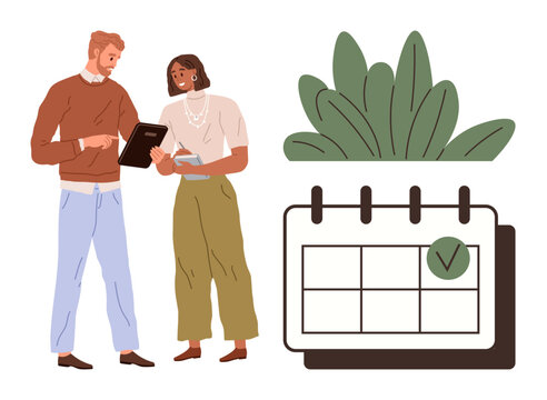 Two people collaborating, one holding a tablet and the other a notebook, standing beside a calendar with a checkmarked date and plant decoration. Ideal for teamwork, planning, organization